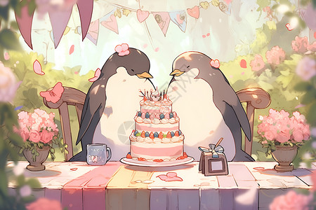 企鹅面前有个蛋糕背景图片
