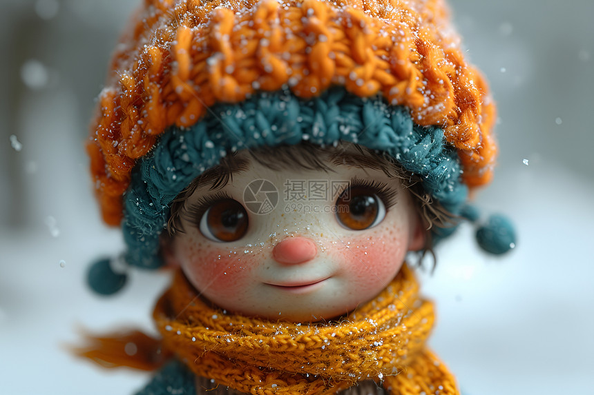 雪地中带着帽子围巾的娃娃图片