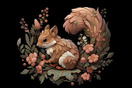 绣制精美的松鼠与花草相伴背景图片