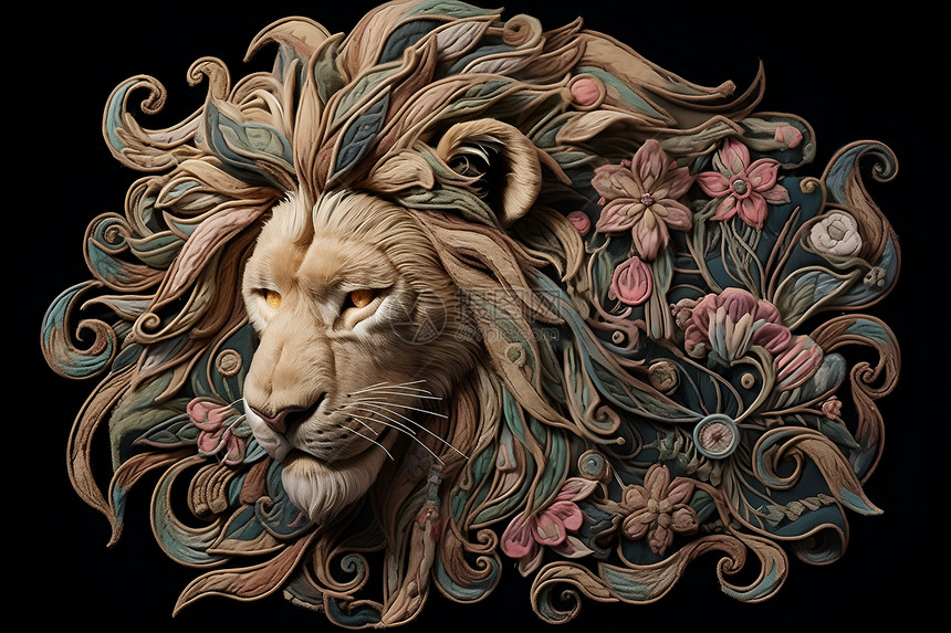 狮子的绣花头像图片