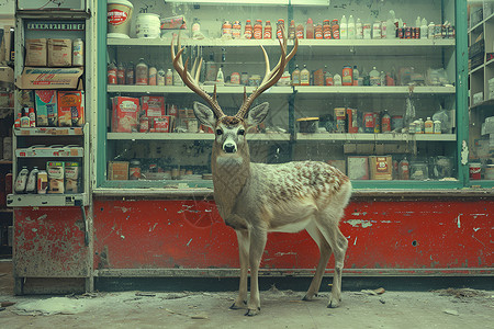 小鹿在商店前站着背景图片