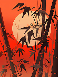 大叶子植物竹林后的大太阳插画