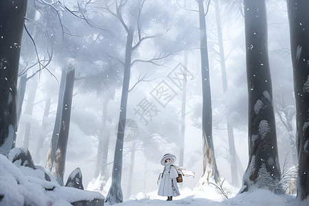 雪地探险雪林中的白衣少女插画