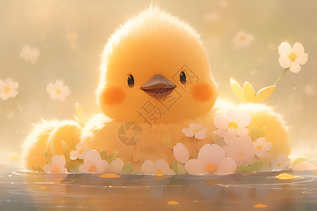 水禽水面上的可爱小鸭子插画