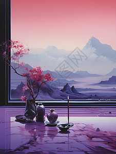 中国山水画中的花瓶背景图片