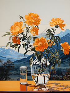 花瓶和山水背景图片