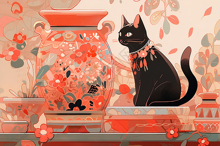 黑猫与花瓶的插画背景图片