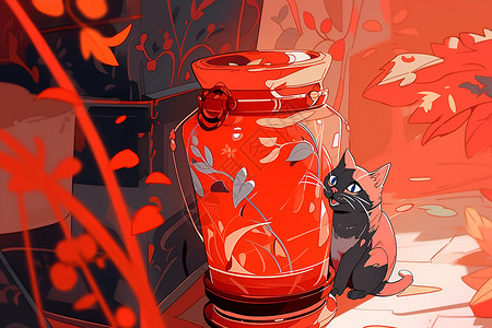 红罐和猫咪背景图片