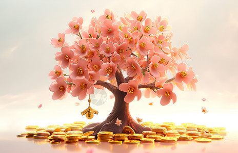 粉红的花朵和金币背景图片