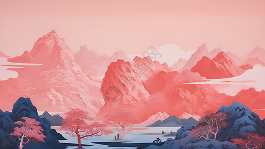 风景美观粉色的山脉风景插画