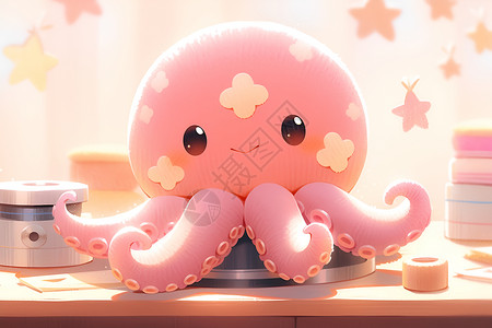 毛绒绒桌面上的粉色章鱼插画