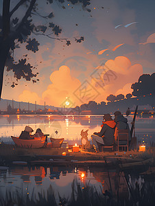 篝火野餐湖畔的篝火插画