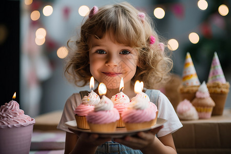 拿着蛋糕开心的小女孩背景图片