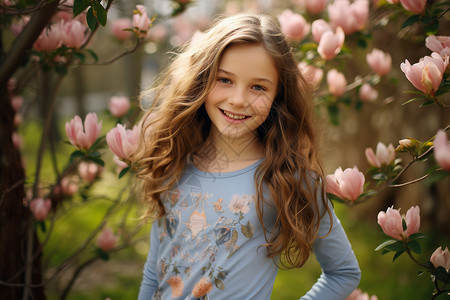 粉花树下的少女高清图片