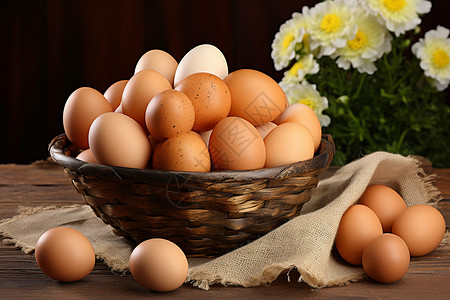 桌上的鸡蛋和雏菊背景图片