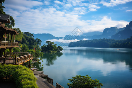 湖畔小屋高山湖畔冬景高清图片