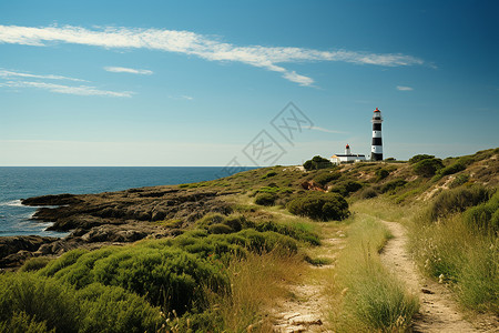 石头草地素材海边的灯塔背景