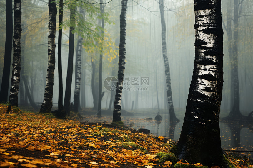 秋叶飘落的神秘森林图片