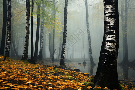 秋叶飘落的神秘森林背景图片