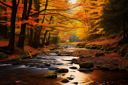 秋日林间溪流背景图片