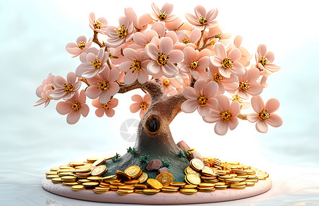 彩色雕塑粉色花朵和金币插画