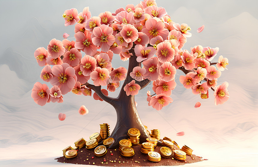 金币和樱花树图片