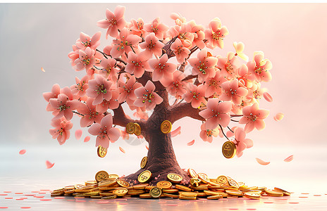 樱花树上的金币背景图片