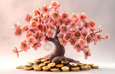 粉红花朵树上的金币背景图片