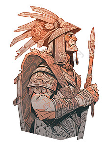 部落艺术手持长矛的战士插画