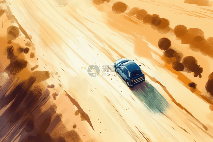 沙漠道路上行驶的汽车图片