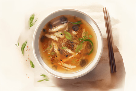 江白虾白碗中的酸辣汤插画