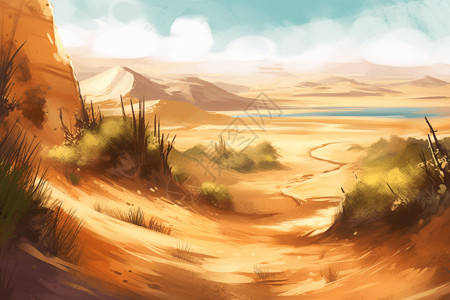 沙地背景生长植物的沙丘插画