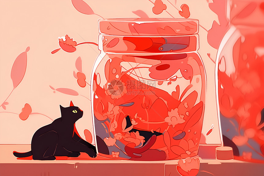 调皮的猫咪与红色花瓶图片