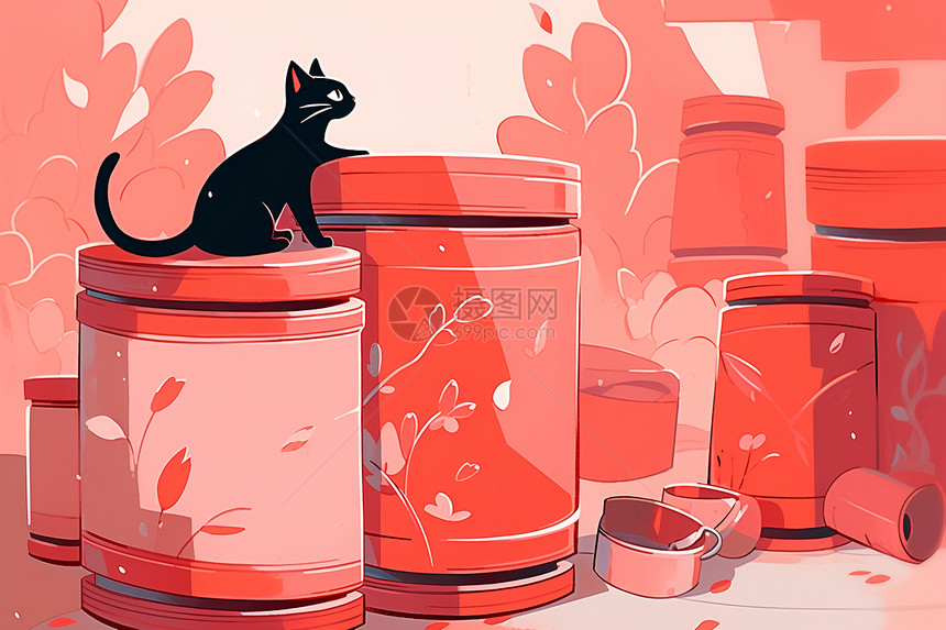 红色罐子上的黑猫图片