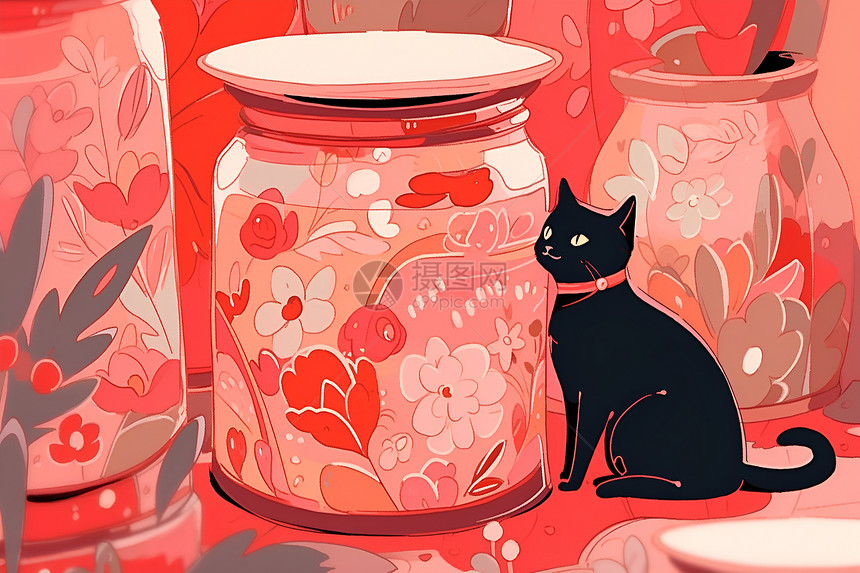 红色罐子旁的黑猫图片