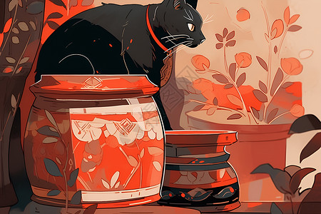花盆上的黑猫背景图片