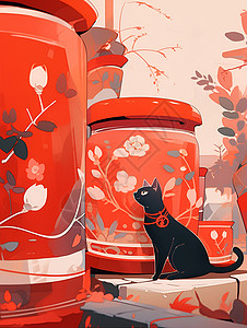 黑猫花瓶黑猫坐在红色花瓶旁插画