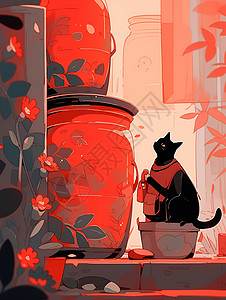 桌子上的花盆桌子上的一只黑猫插画