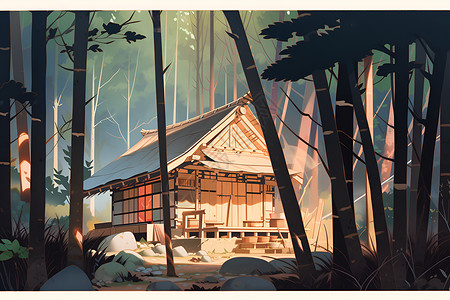 森林中的小竹屋背景图片