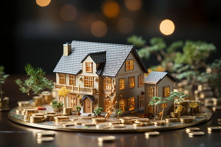 金币与房屋模型背景图片