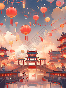 中国牌坊建筑中国新年的喜庆场景插画