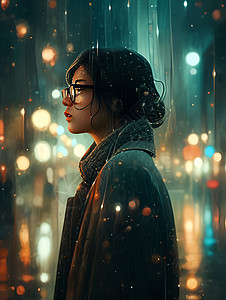雨中的少女下雨的夜晚高清图片
