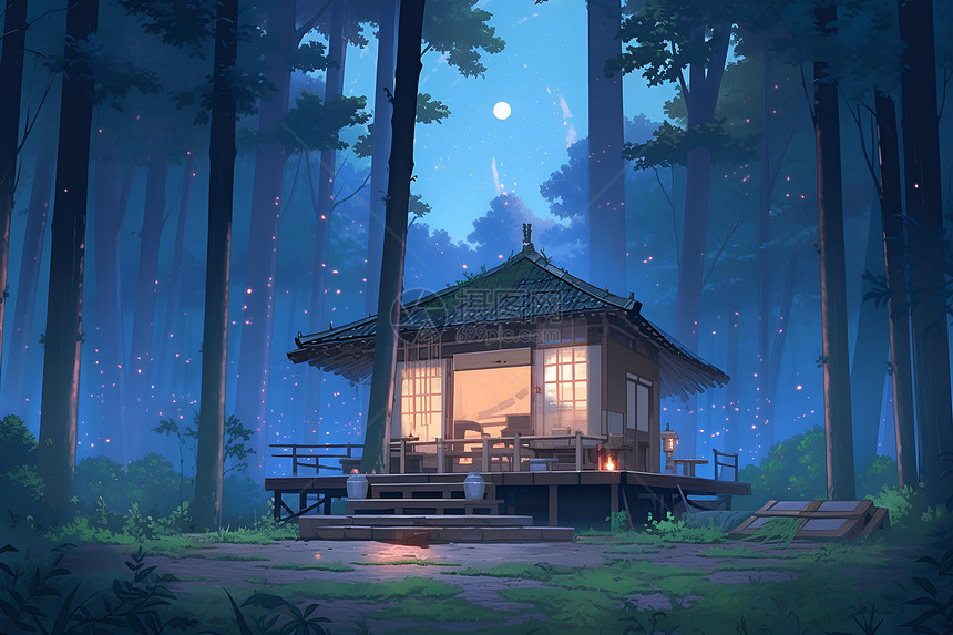 月光下竹林中的小屋图片