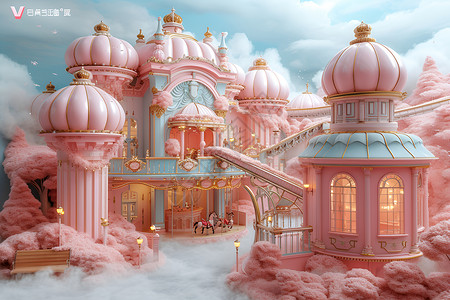 魔力转圈圈粉色天空下的童话世界插画
