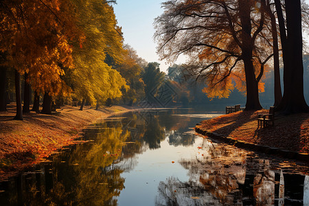 秋日河畔的美丽景观背景图片