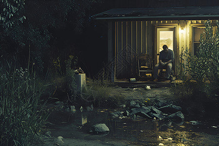 木屋里孤独的人背景图片