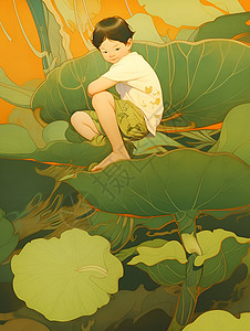 夏天荷塘的男孩背景图片