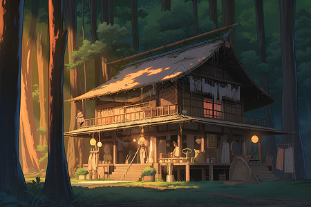 竹林的包围下一座小屋背景图片