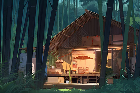 黄昏中竹林中的房屋背景图片