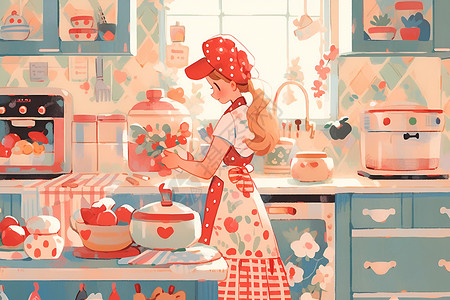 总厨小女孩在厨房里做饭插画